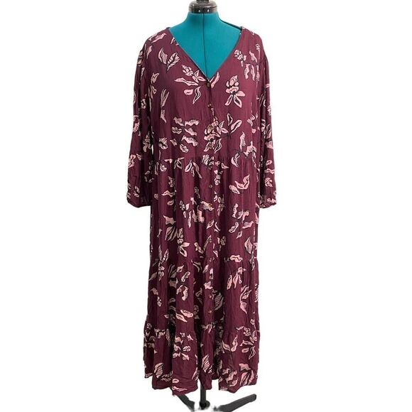 Sonoma 3/4 Sleeve Button Front Maxi Dress Plum Mauve Floral Plus Size 3X - Picture 5 of 12
